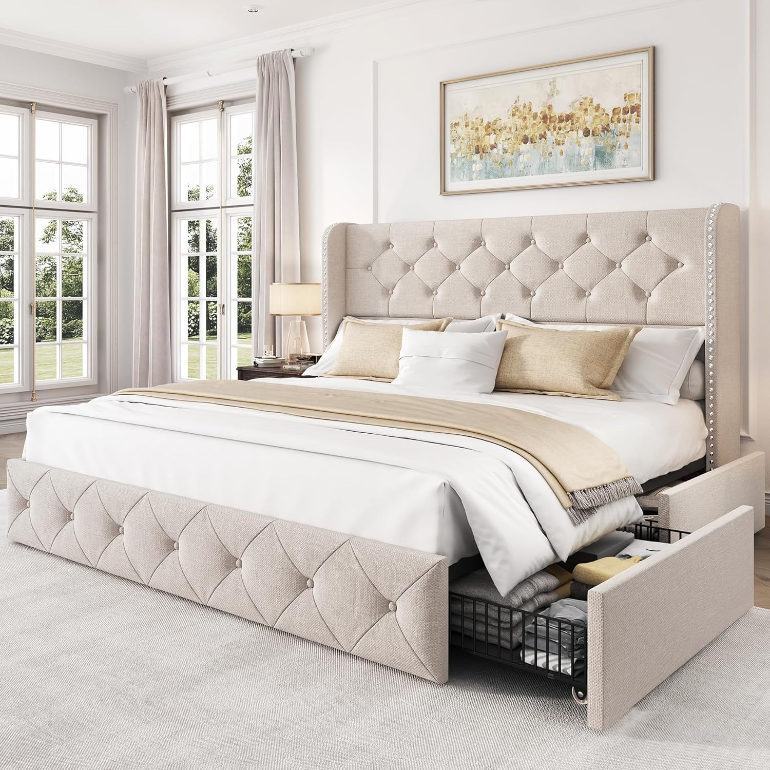 LARMACE Queen Size Bed Frame with 4 Storage Drawers and 47.2' Tall Tufted Headboard Linen Upholstered Platform Bed Frame Wingback Beds with Wooden Slats Support, Easy Assembly, Beige