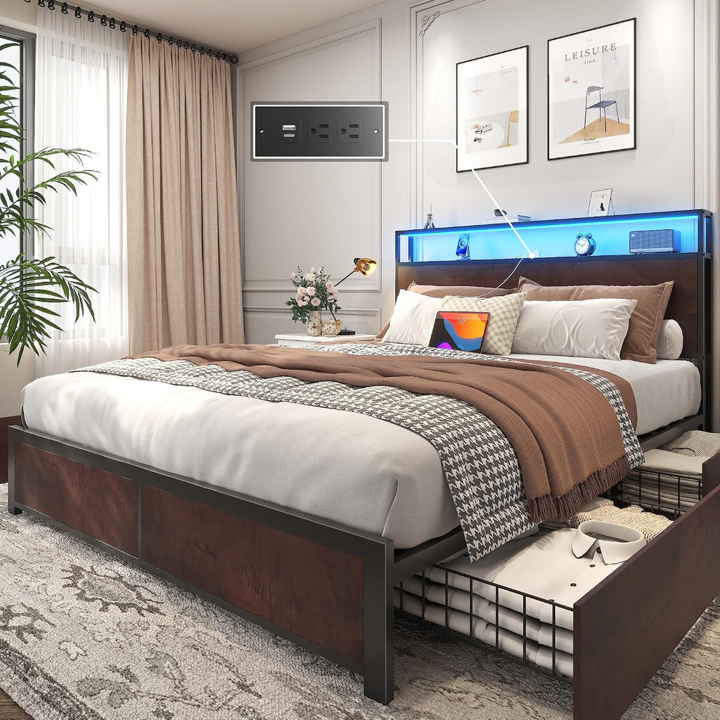 Lifezone Queen Bed Frame with 2-Tier Storage Headboard, Metal Platform Bed Frame with 4 Storage Drawers, Built in Charging Station & LED, Noise-Free/Metal Support/No Box Spring Needed, Coffee Brown