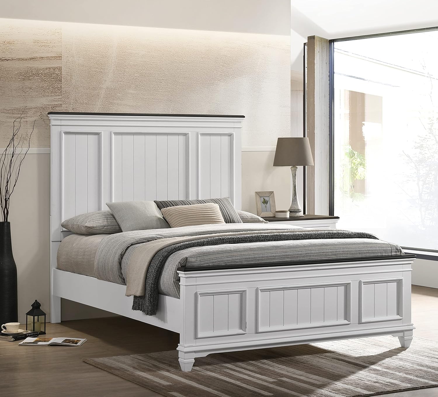 Clelane Wood Bedroom Set with Shiplap Panel Queen Bed, Dresser, Mirror, and Nightstand in Weathered White and Dark Gray