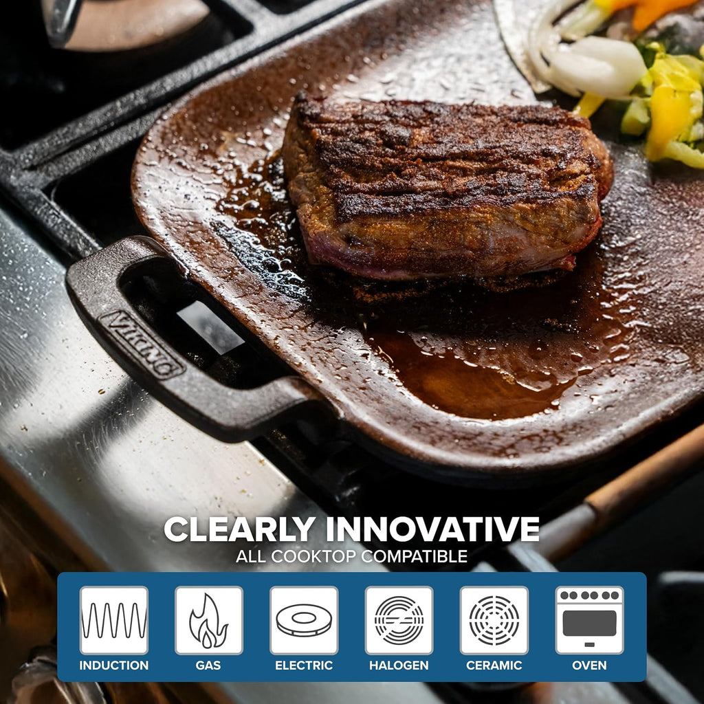 Viking Nonstick Double Burner Griddle, 24 Inch Bronze Cast Iron Grill Pan, Made without PFAS, Induction Compatible, Oven Safe to 500F