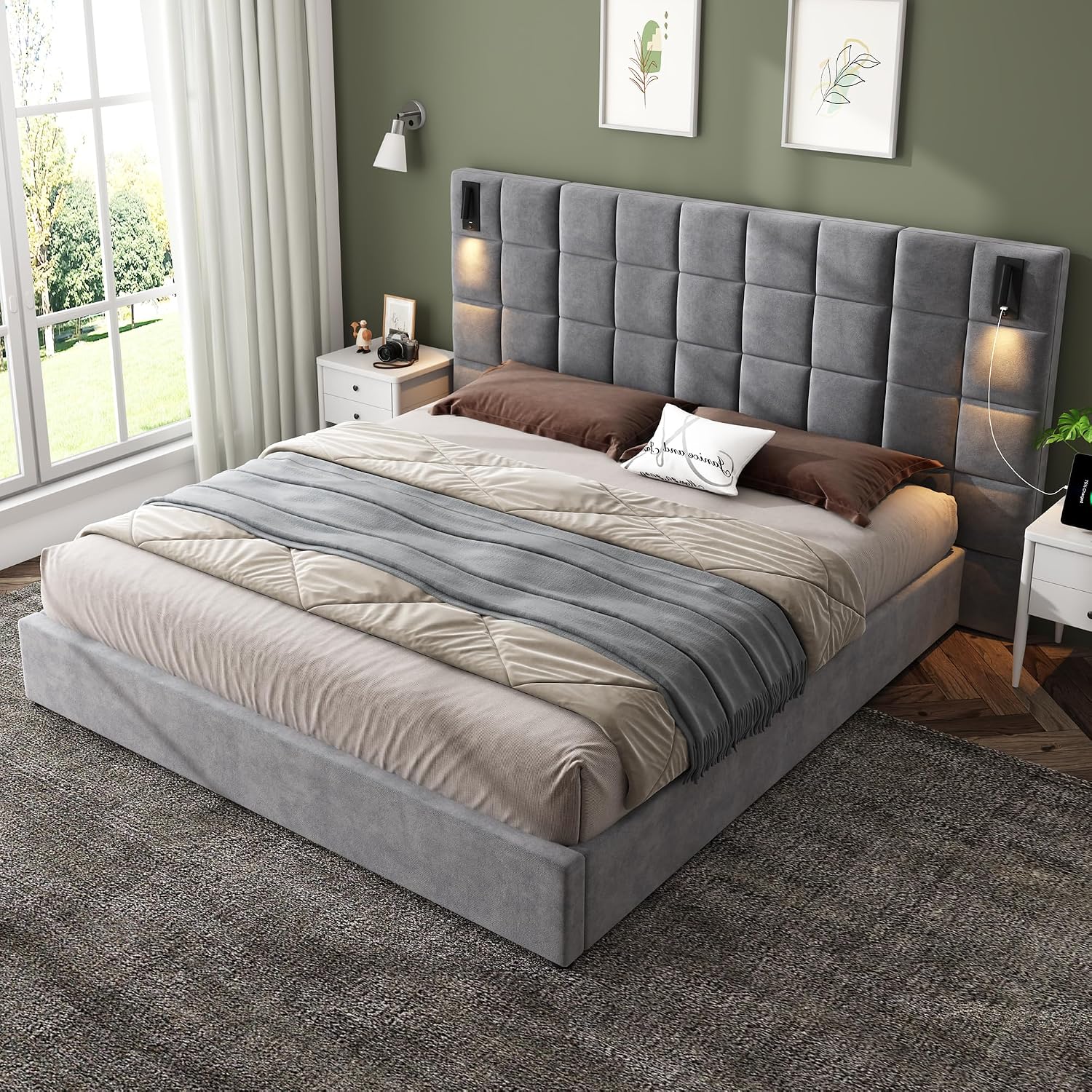 Merax Upholstered King Bed, with Reading Lamp and USB Port, Wide Velvet Headboard, (Without Bedside Tables and Mattress), Grey