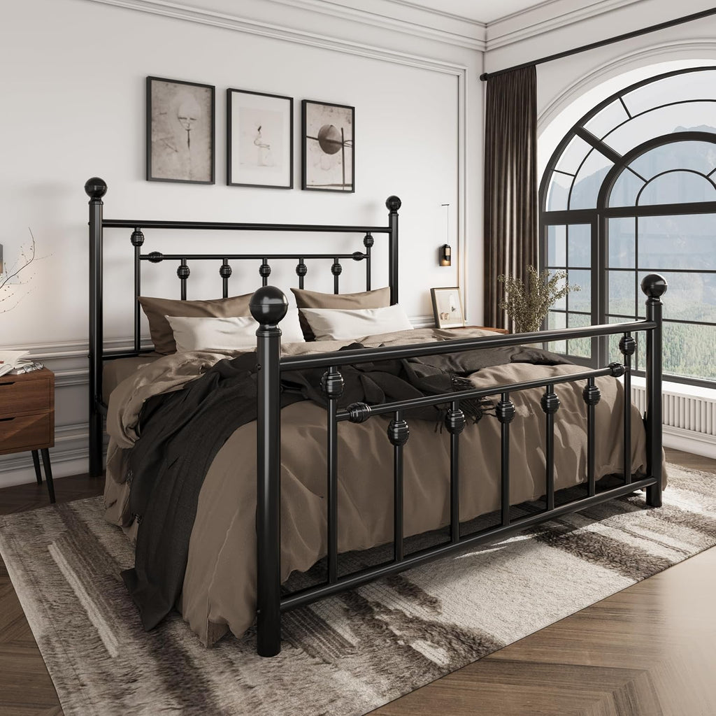 SHA CERLIN 14' Full Size Metal Platform Bed Frame/Victorian Headboard and Footboard/Steel Slats Mattress Foundation for Storage/No Box Spring Needed/Noise Free/Black