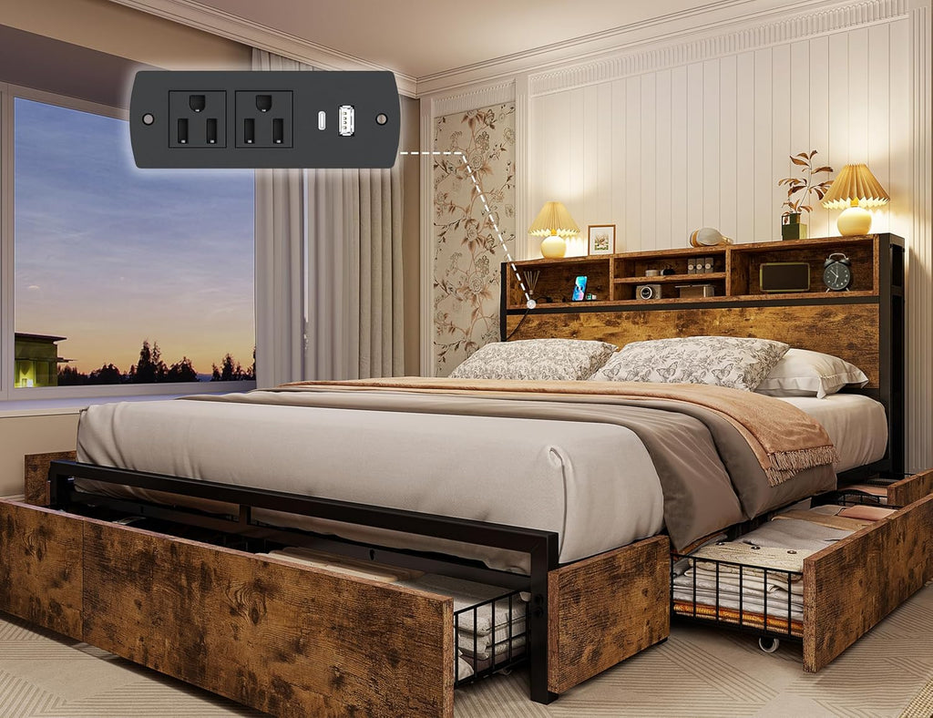 EnHomee Queen Bed Frame with 6 Storage Drawers, Headboard & Charging Station, Noise-Free Metal Platform Bed, No Box Spring Needed,Vintage Brown