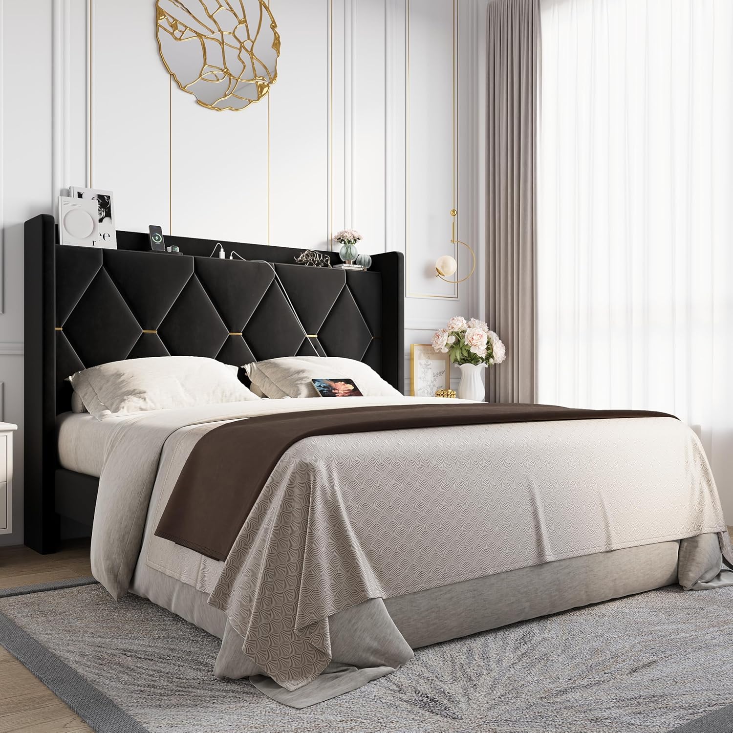 Allewie Velvet Full Size Upholstered Bed Frame with Wingback Storage Headboard & Charging Station, Platform Bed with Diamond Tufted Design & Gold Trim, No Box Spring Needed, Easy Assembly, Black