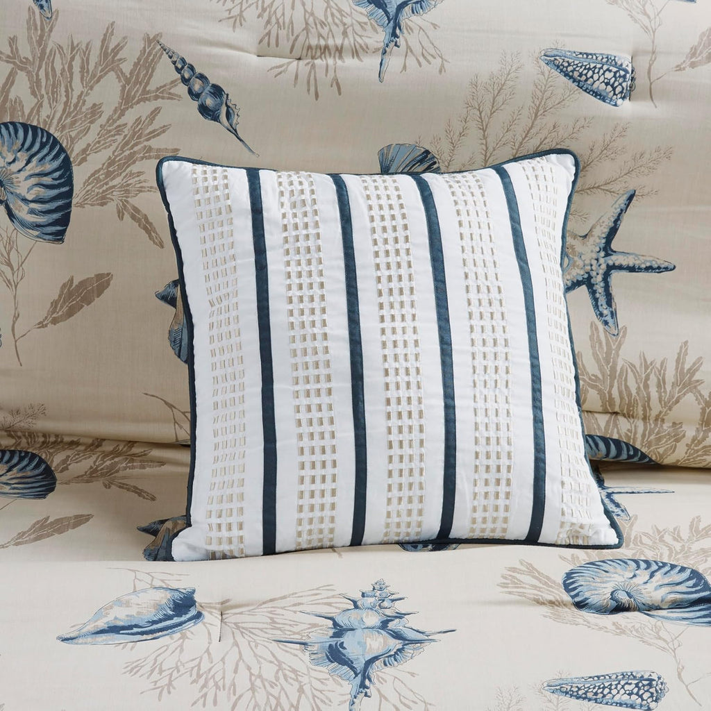 Madison Park 100% Cotton Comforter Set - Coastal Coral, Starfish Design All Season Down Alternative Cozy Bedding with Matching Shams, Decorative Pillow, Queen(90'x90'), Taupe 7 Piece
