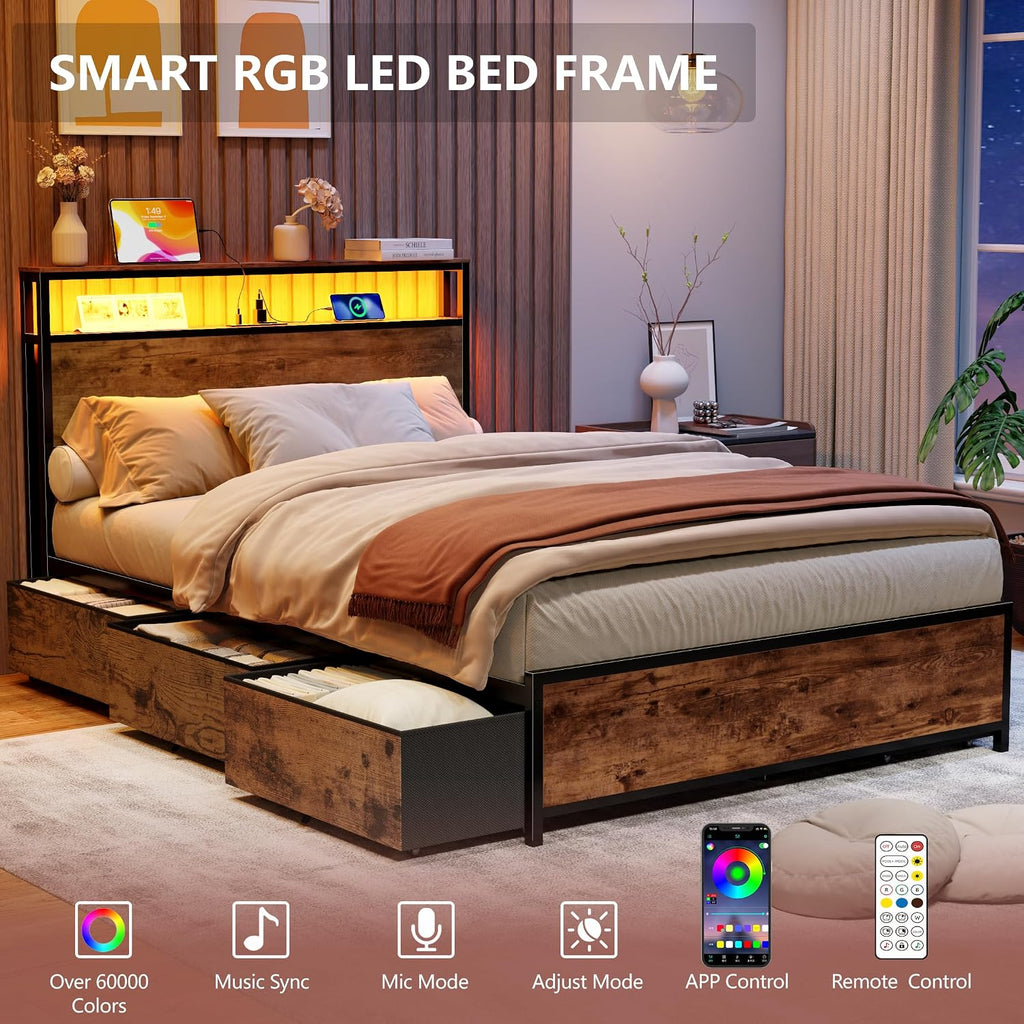 Forestell Full Size Bed Frame with Storage Headboard & 6 Drawers,Sturdy Platform Bed Frame Full with Charging Station,LED Lights,2-Tier Wood Shelf Industrial Bedframe-Noise Free/No Box Spring Needed