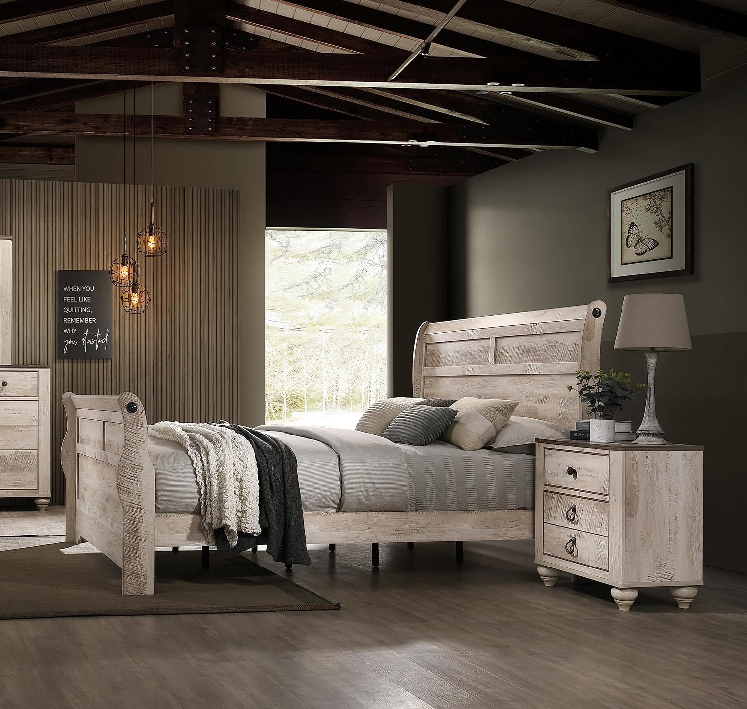 Roundhill Furniture Imerland White Wash Finish 3-Piece Bedroom Set-Sleigh Bed and Two Nightstands, Queen Size