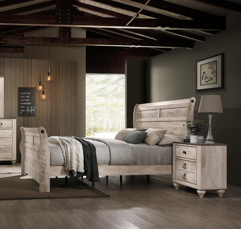 Roundhill Furniture Imerland White Wash Finish 3-Piece Bedroom Set-Sleigh Bed and Two Nightstands, King Size