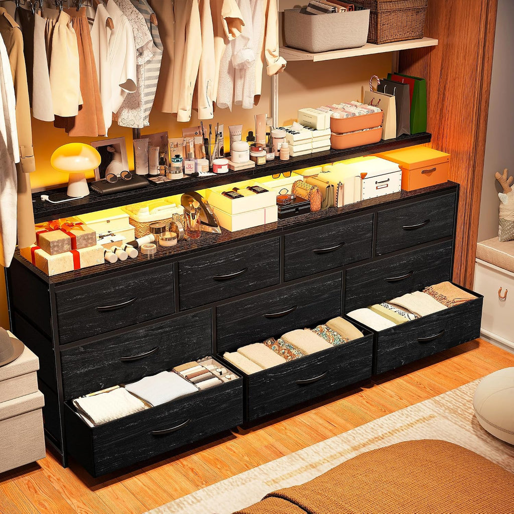 EnHomee 55' W Dresser for Bedroom with 10 Fabric Drawers Long Dresser with LED Lights & Power Outlets Dressers & Chests of Drawers Large Organizer for Bedroom, Metal Frame, Wood Top, Charcoal Black