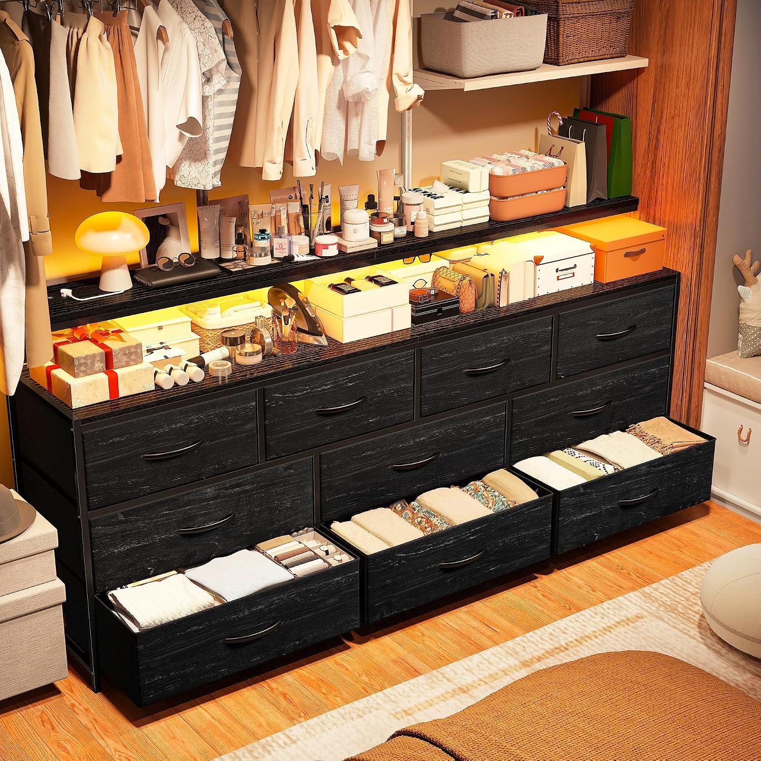 EnHomee 55' W Dresser for Bedroom with 10 Fabric Drawers Long Dresser with LED Lights & Power Outlets Dressers & Chests of Drawers Large Organizer for Bedroom, Metal Frame, Wood Top, Charcoal Black