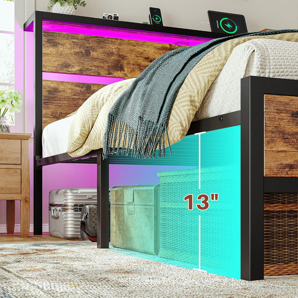 Homkdom Queen Bed Frame with LED Lights & Charging Station, Industrial Metal Platform Bed with 13' Large Under-Bed Storage, Heavy Duty Slats,Noise-Free, No Box Spring Needed,Modern Brown