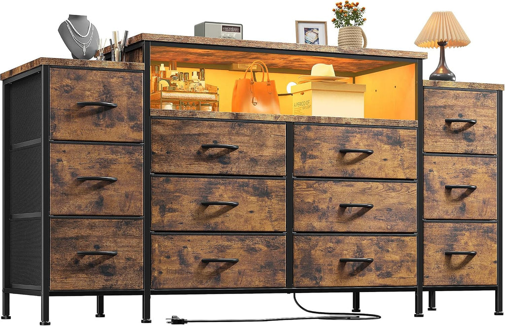 EnHomee 55' W Dresser for Bedroom with LED Lights & Charging Station 12 Drawer Dressers & Chests of Drawers Dresser TV Stand for Bedroom for Hanging 65' TV, Metal Frame & Fabric Drawers, Rustic Brown