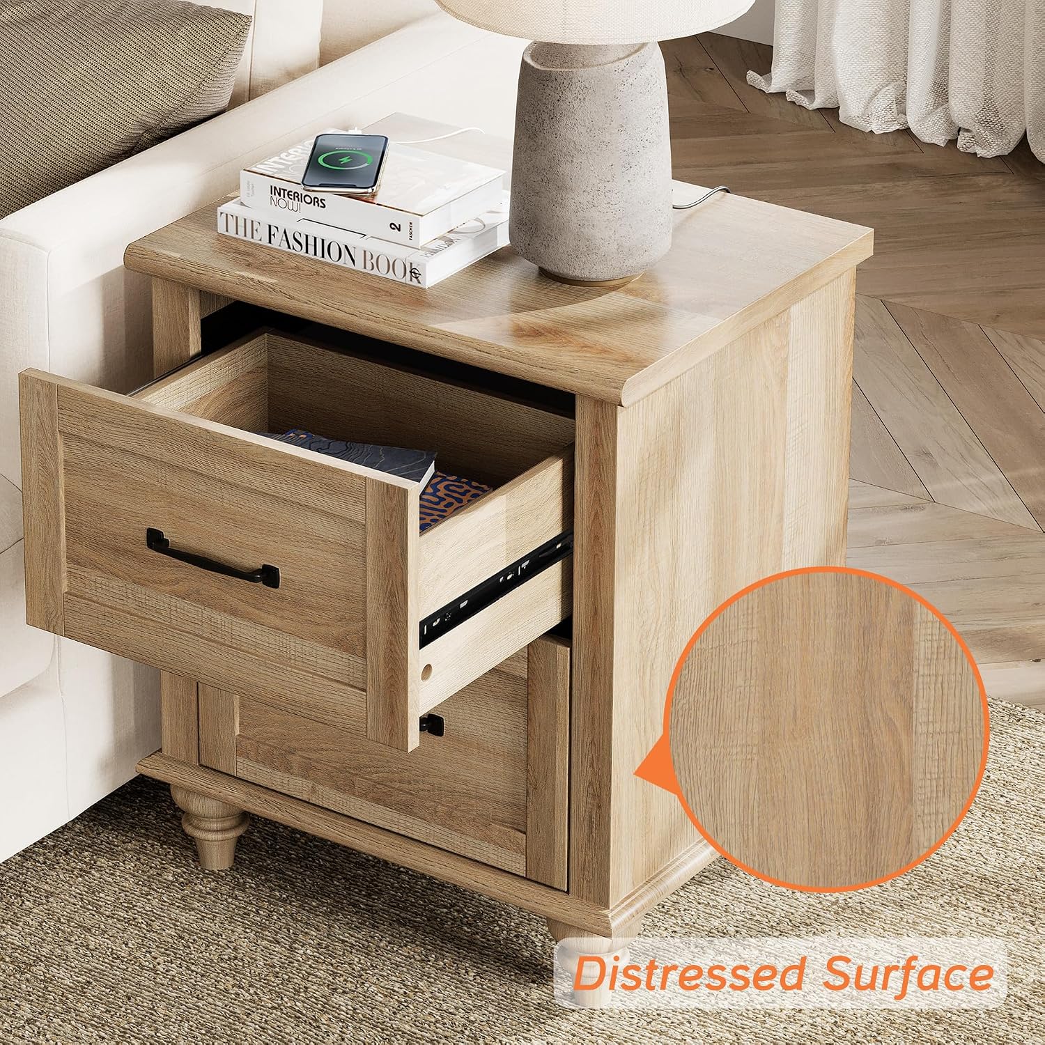 WAMPAT Nightstand with Charging Station, 20 Inch Night Stand with 2 Drawers, Wooden Rustic Bedside Table End Tables with Solid Wood Legs for Bedroom, Natural Oak