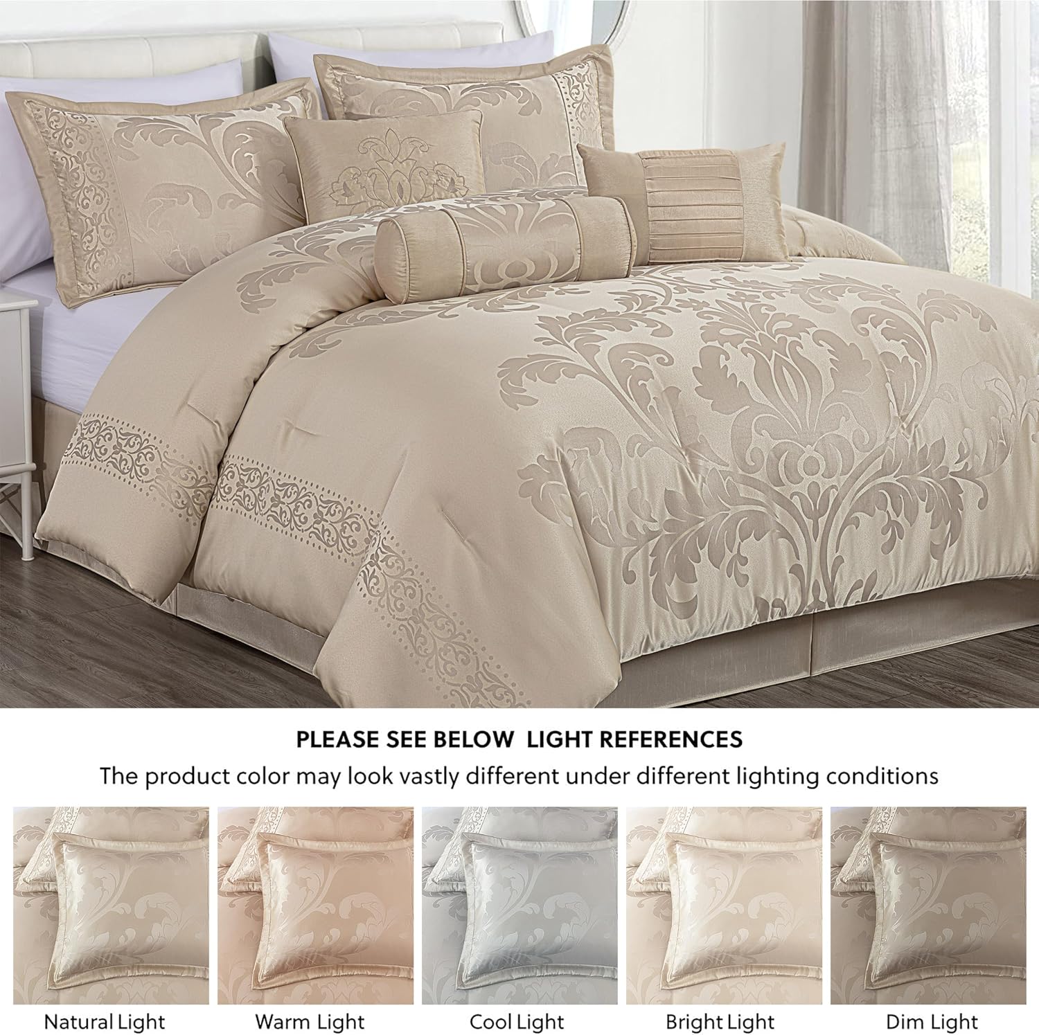 Chezmoi Collection Royale 7-Piece Jacquard Floral Comforter Set, Oversized Queen, Champagne