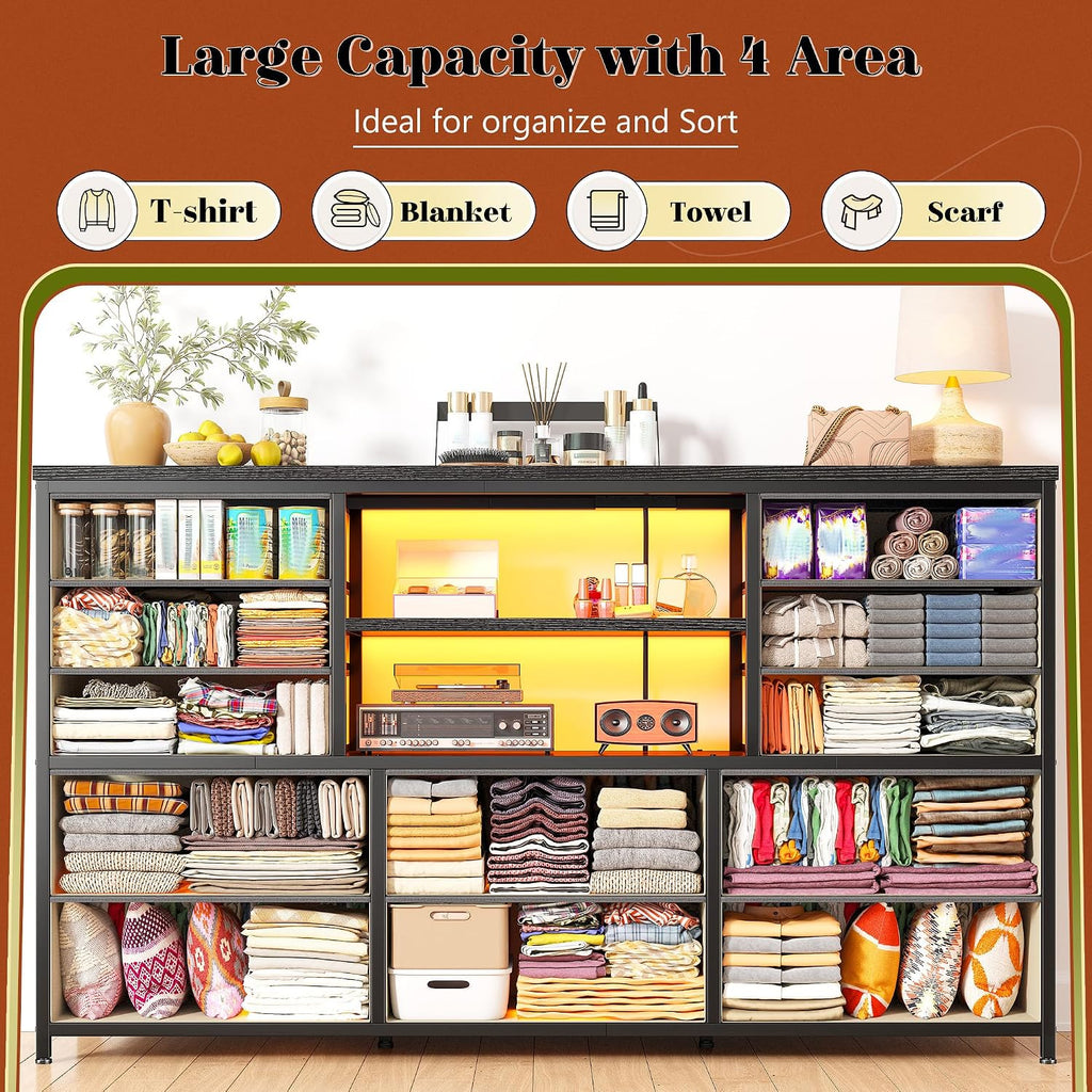 EnHomee 12 Drawers Dresser for Bedroom with LED Lights & Charging Station, TV Stands for 55/60'' TV, Fabric Dressers & Chests of Drawers with 3 Wooden Shelves for Hallway,Sturdy,Grey