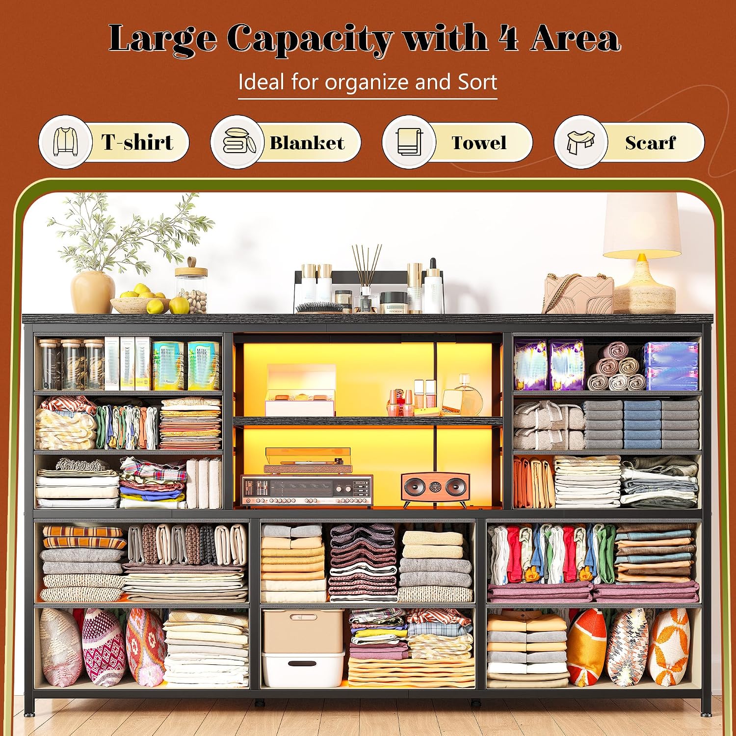 EnHomee 12 Drawers Dresser for Bedroom with LED Lights & Charging Station, TV Stands for 55/60'' TV, Fabric Dressers & Chests of Drawers with 3 Wooden Shelves for Hallway,Sturdy,Grey