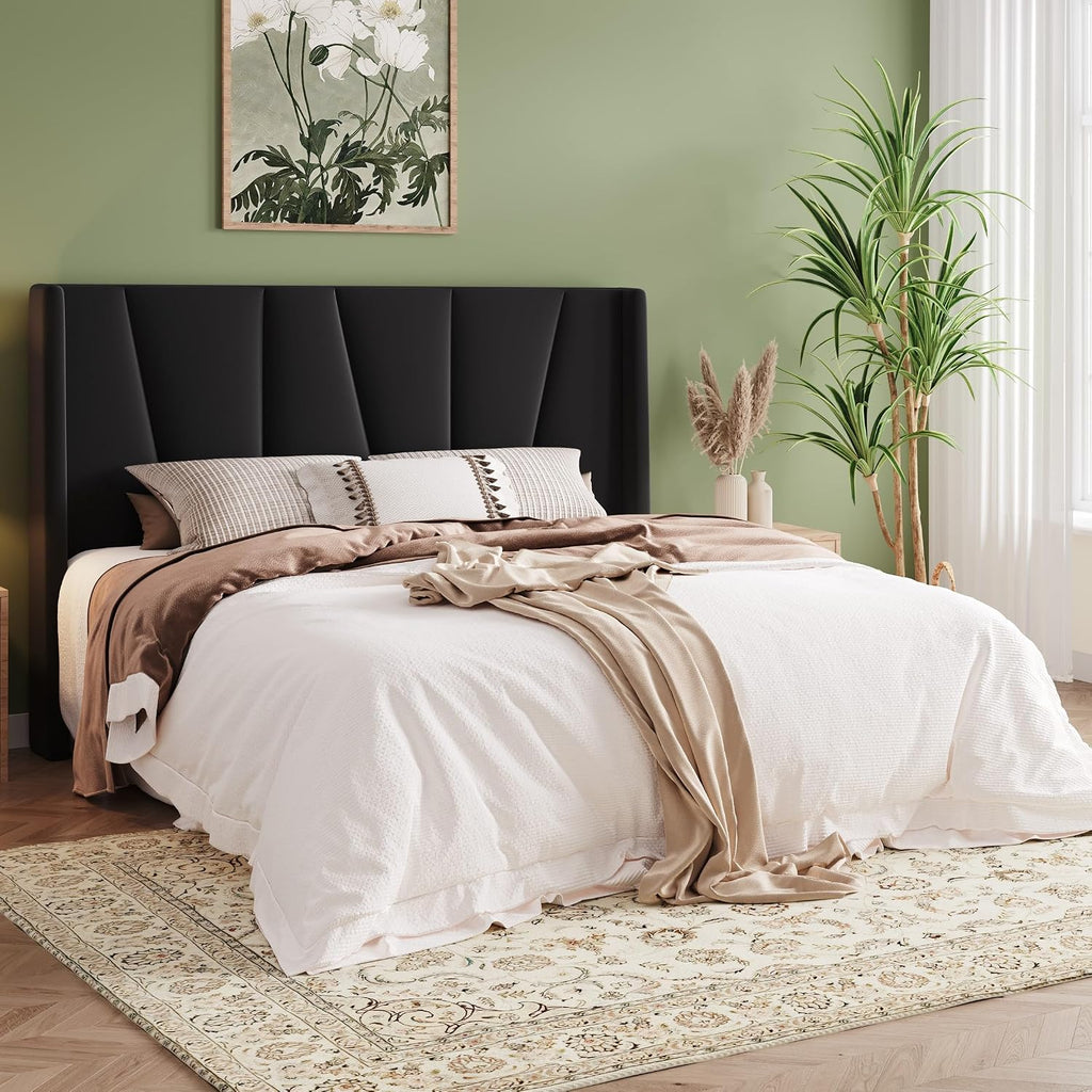 Allewie Queen Size Platform Velvet Bed Frame with Geometric Wingback Headboard, Boho Upholstered Bed with Wooden Slats Support, No Box Spring Needed, Easy Assembly, Black