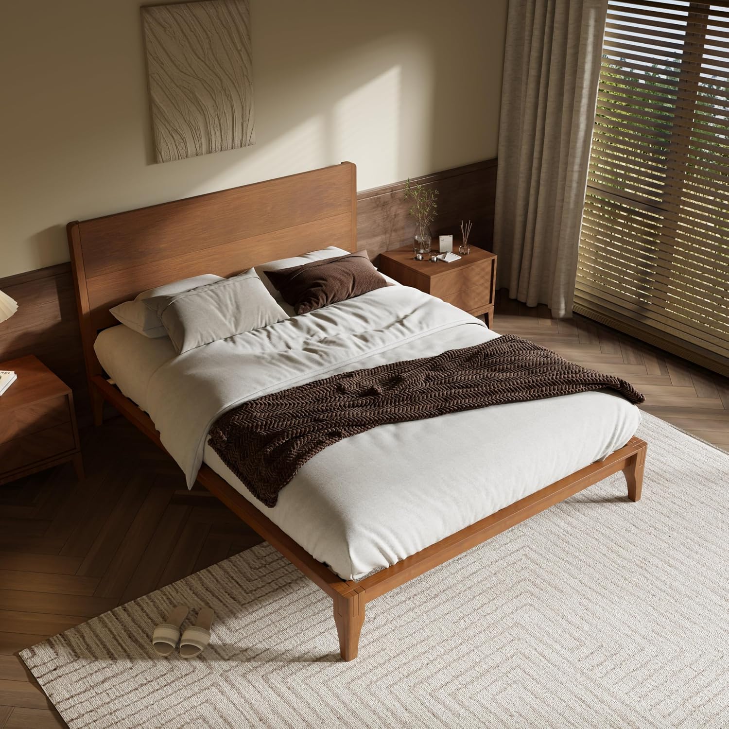 Merax Full Size Bamboo Platform Bed, Mid-Century Modern Bed Frame with Tall Headboard, Solid Sustainable Bedframe Full-Size, Wood Slat Support, No Box Spring Needed, Easy Assembly, Noise Free, Brown