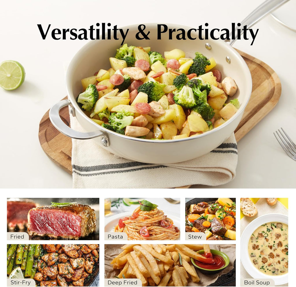 Redchef Ceramic Saute Pan with Lid, Nonstick 3PCS Frying Pan, 5QT Jumbo Cooker with Helper Handle & Lid, Non Toxic Ceramic Cooking Pan, Chef Pan, Dishwasher & Oven Safe, PFAS PFOA & PTFE Free
