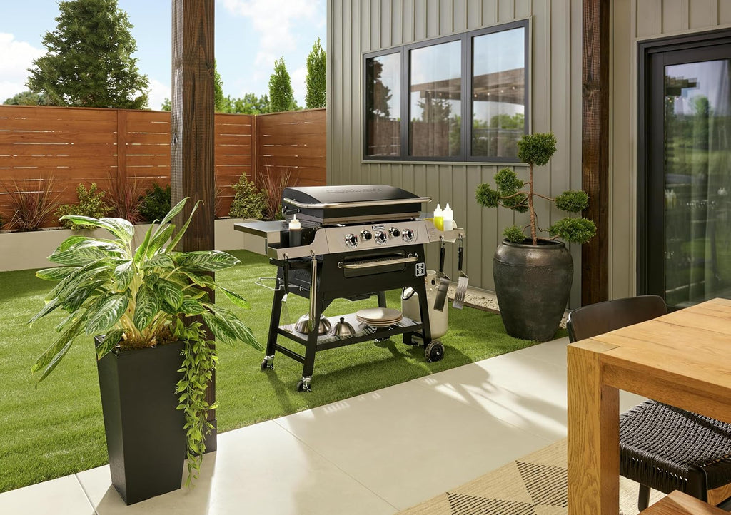 Cuisinart 28' Outdoor Griddler and Broiler Combo, 2-in-1 Carbon Steel Flat-Top Grill and Broiler with Hood, Adjustable Rack, Wheels, Side Tables, Large Cooking Area for BBQs, Outdoor Griddle Station