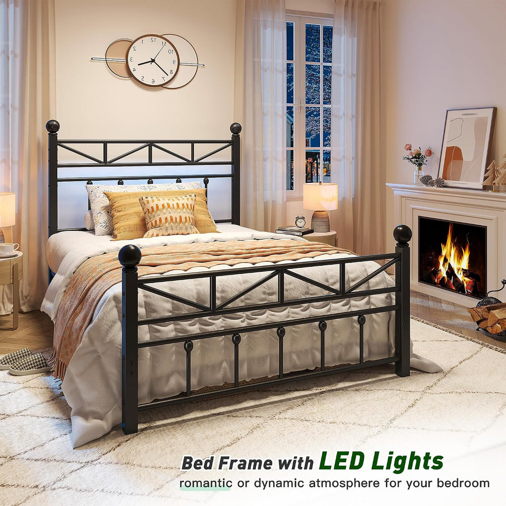 EnHomee 14.2' Metal Twin Bed Frames with Tall Headboard & Footboard, LED Light Twin Bed Frame, Strong Metal Slats Support and Noise-Free Design with Under Bed Storage/No Box Spring Needed/Black