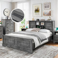 BOSHIRO Farmhouse Queen Size Bed Frame with Storage Bookcase Headboard, Wood Platform Bed Frame w/Charging Station, Bracket Footboard, 2 Large Sliding Barn Doors, No Box Spring Needed - Light Gray+