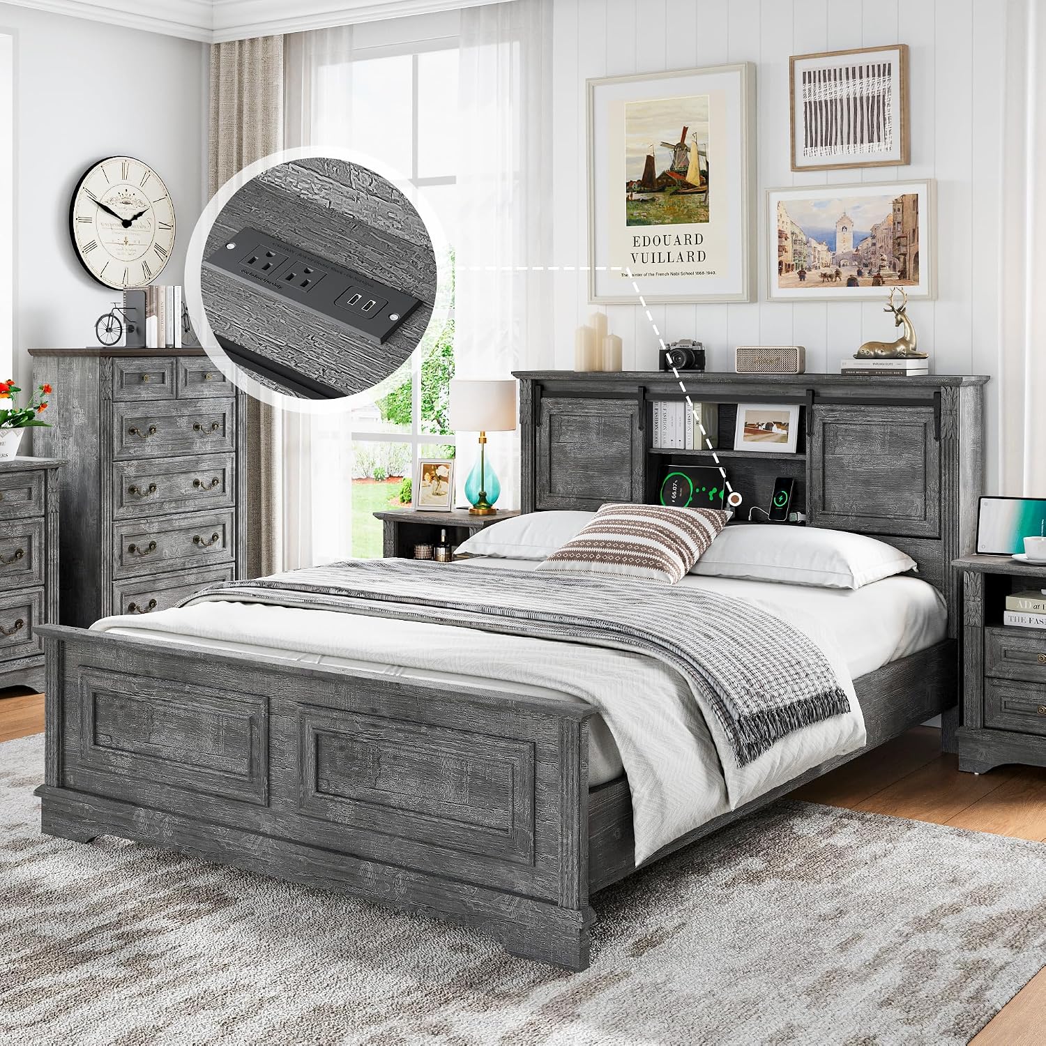 BOSHIRO Farmhouse Queen Size Bed Frame with Storage Bookcase Headboard, Wood Platform Bed Frame w/Charging Station, Bracket Footboard, 2 Large Sliding Barn Doors, No Box Spring Needed - Light Gray+
