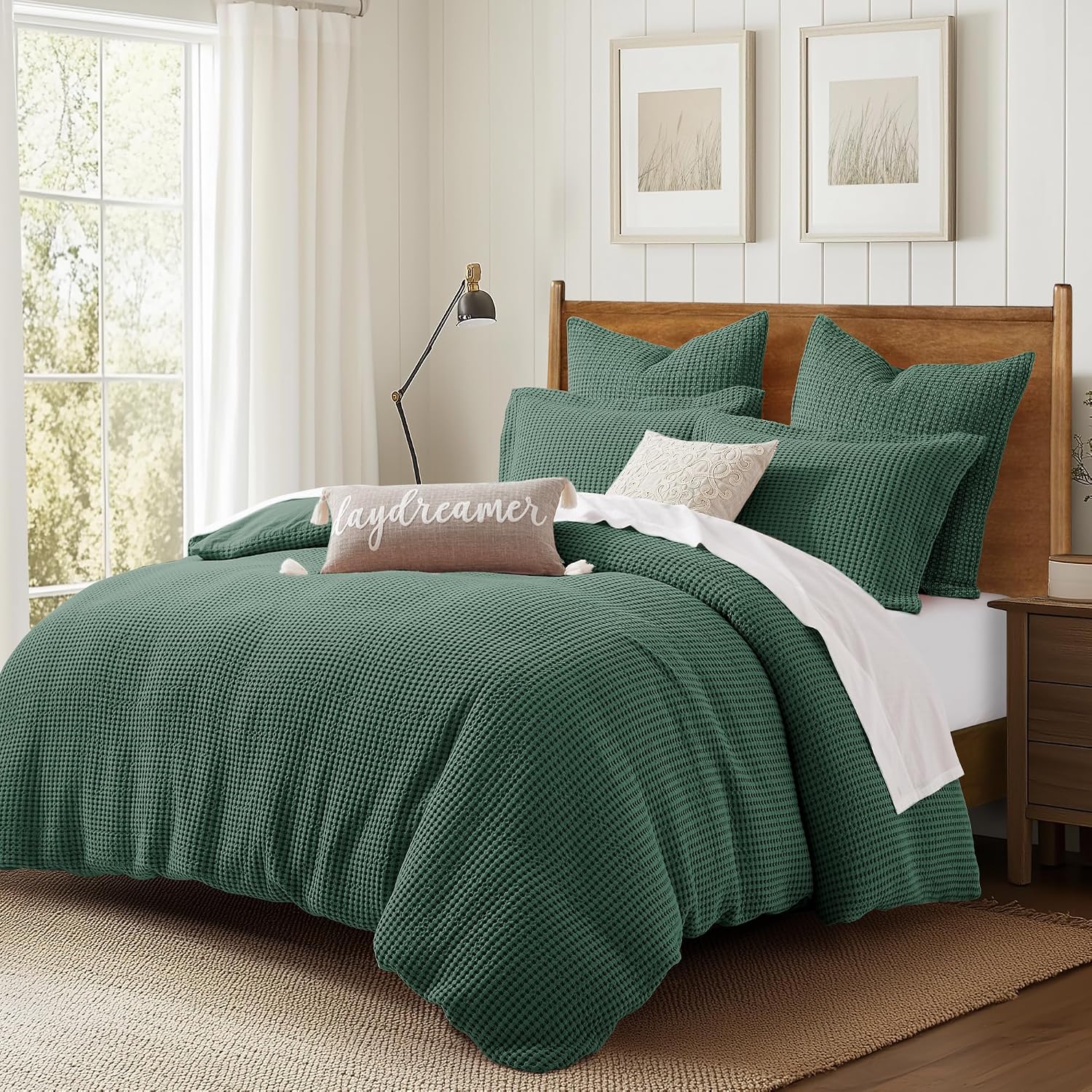 Levtex Home Mills Waffle Queen Duvet Cover Set (90x94in) with 2 Pillow Shams (26x20in) - Forest Green - 100% Cotton Queen Size Duvet Cover Set - Soft, Pre-Washed