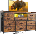 EnHomee Dresser TV Stand with 11 Drawers, 60' TV Stand with LED Lights & Power Outlets, Long Dresser for Bedroom with Shelves & 4 Hooks for Dorm, Hallway, Rustic Brown