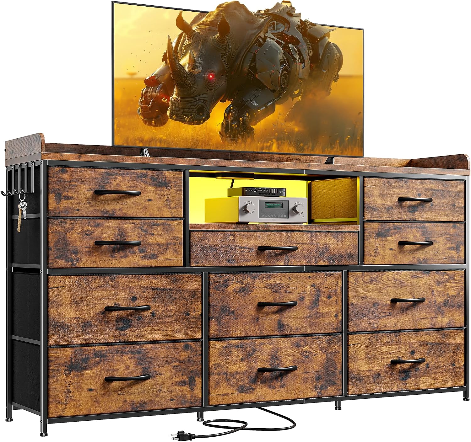EnHomee Dresser TV Stand with 11 Drawers, 60' TV Stand with LED Lights & Power Outlets, Long Dresser for Bedroom with Shelves & 4 Hooks for Dorm, Hallway, Rustic Brown