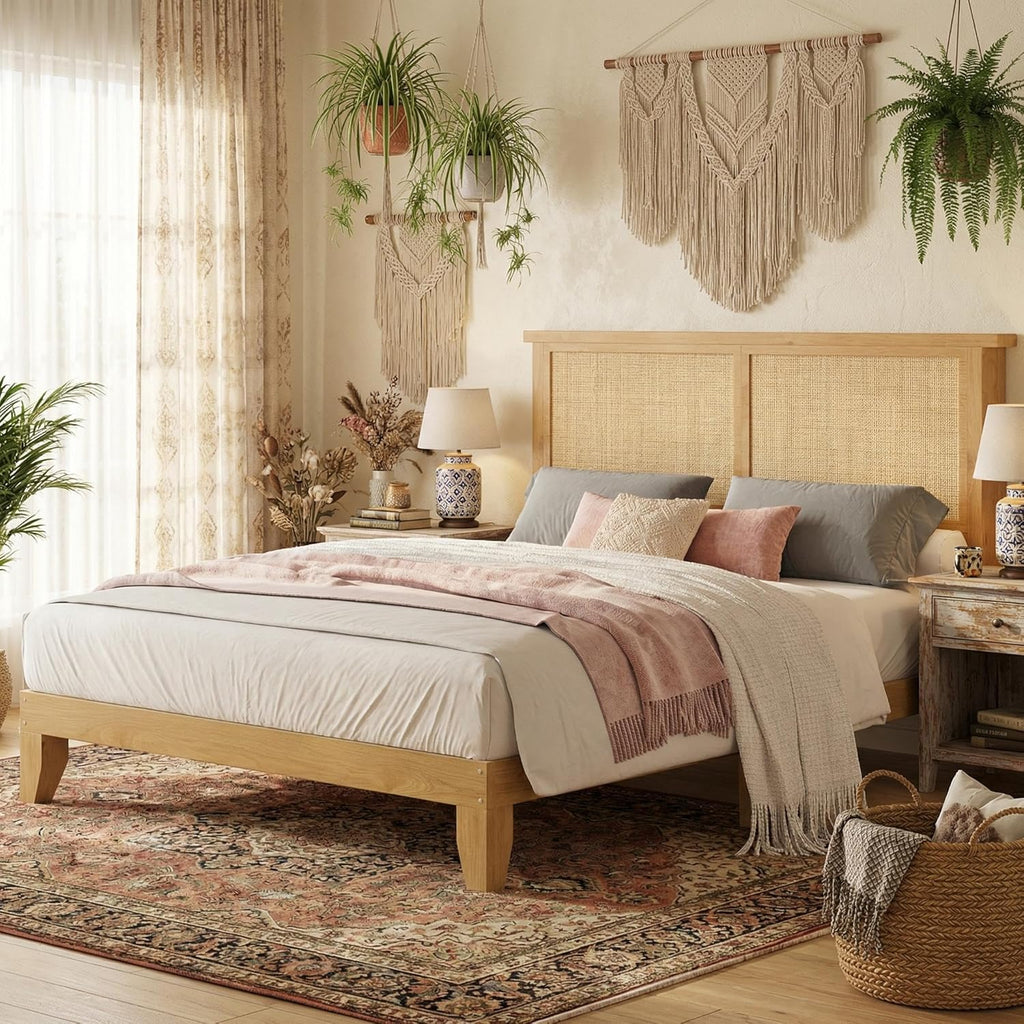 IDEALHOUSE Rattan Bed Frame Full Size with Natural Rattan Headboard & LED Lights, Wood Full Bed Frame with Solid Wood Foundation, No Box Spring Needed, Natural