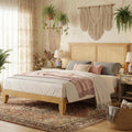 IDEALHOUSE Rattan Bed Frame Full Size with Natural Rattan Headboard & LED Lights, Wood Full Bed Frame with Solid Wood Foundation, No Box Spring Needed, Natural