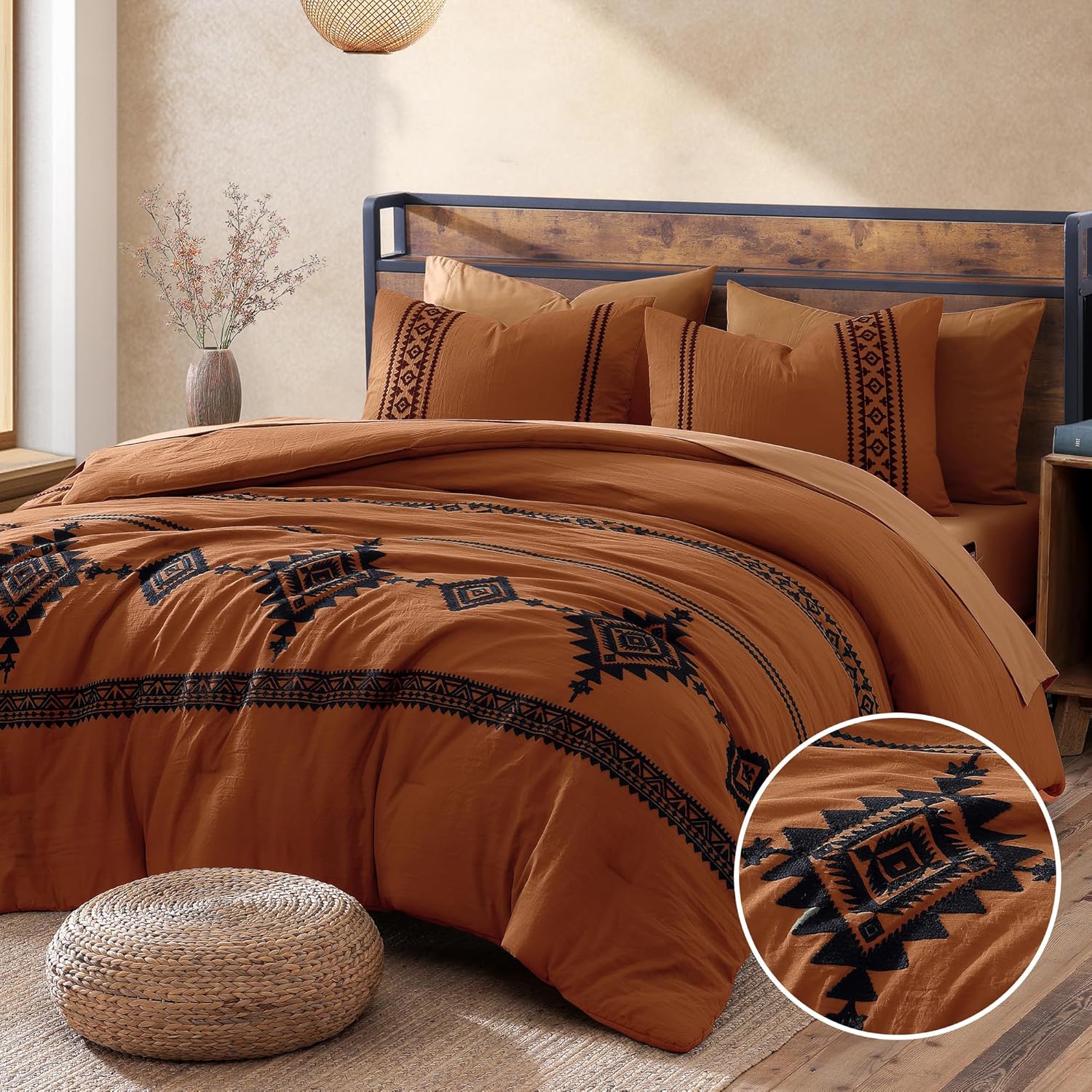 MaiRêve Super King Comforter Set Burnt Orange, Embroidery Western Boho Bedding Set 7 Pieces, All Season Farmhouse Bed in A Bag Comforter Set with Sheets, Pillowcases & Shams
