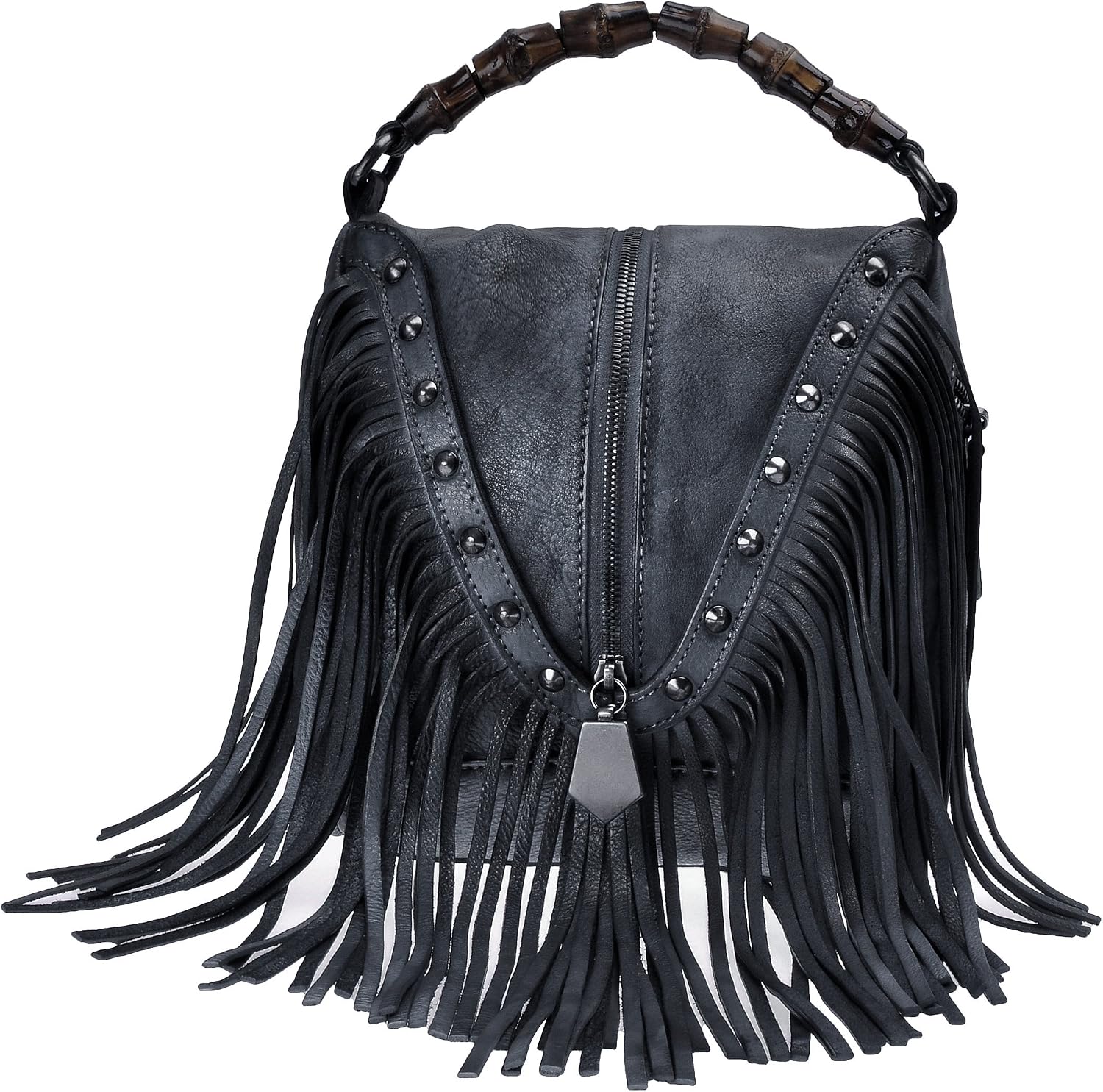 ZLYC Women's Leather Bamboo Hand Strap Featured Fringe Bohemian Tassel Studed Cross Body Bag