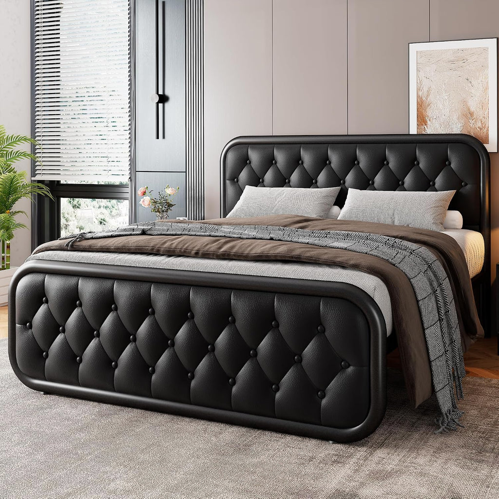 GalnFu Queen Metal Bed Frame, Upholstered Bed with Leather Button-Tufted Headboard & Footboard, Heavy-Duty U-Shape Platform Bed, Easy Assembly, Black