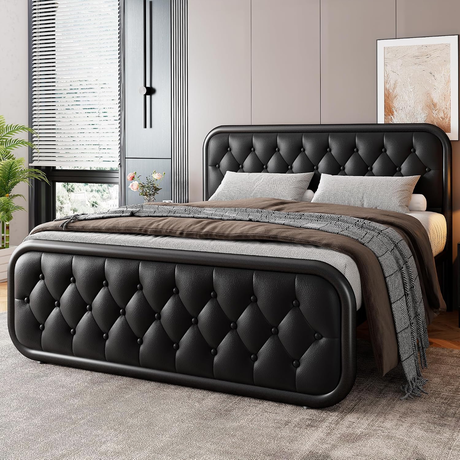 GalnFu Queen Metal Bed Frame, Upholstered Bed with Leather Button-Tufted Headboard & Footboard, Heavy-Duty U-Shape Platform Bed, Easy Assembly, Black