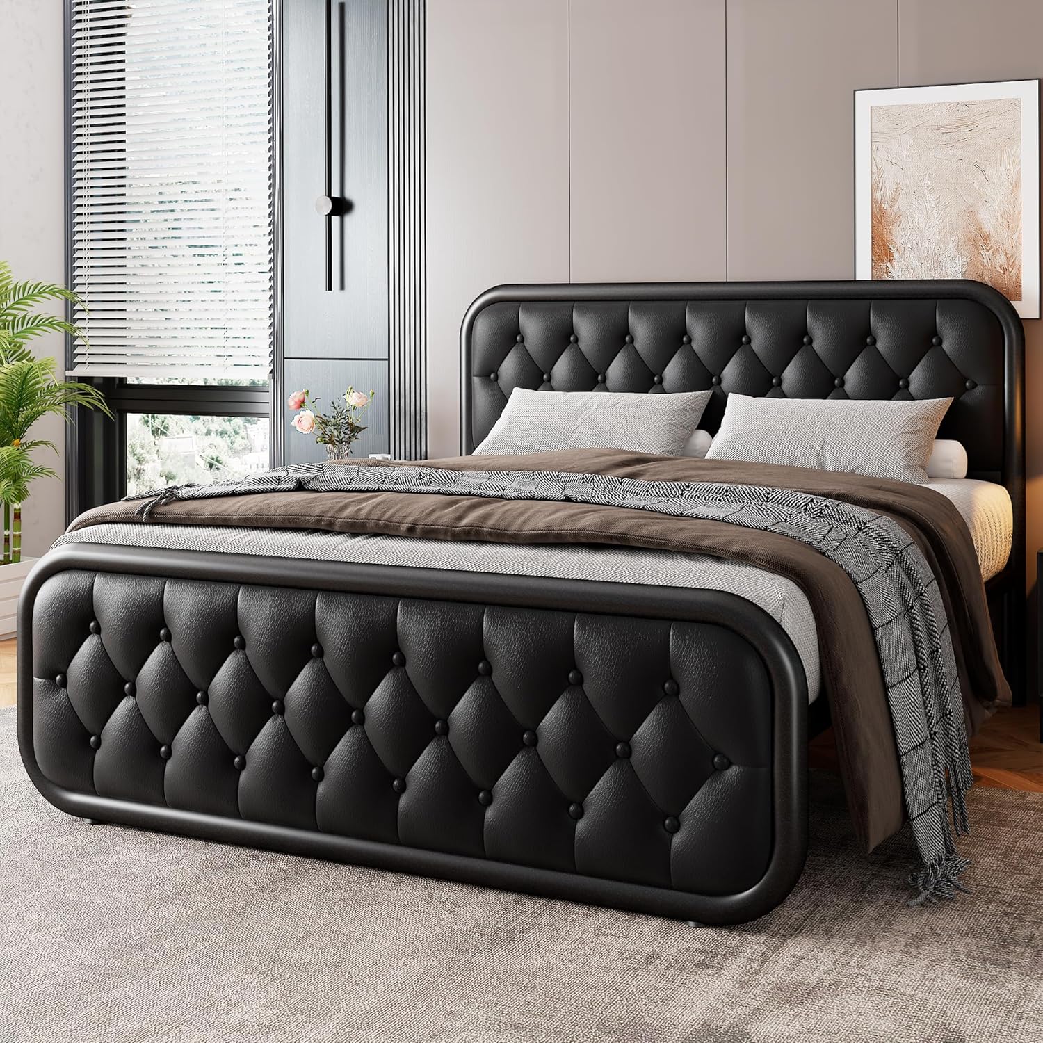 GalnFu Full Metal Bed Frame, Upholstered Bed with Leather Button-Tufted Headboard & Footboard, Heavy-Duty U-Shape Platform Bed, Easy Assembly, Black