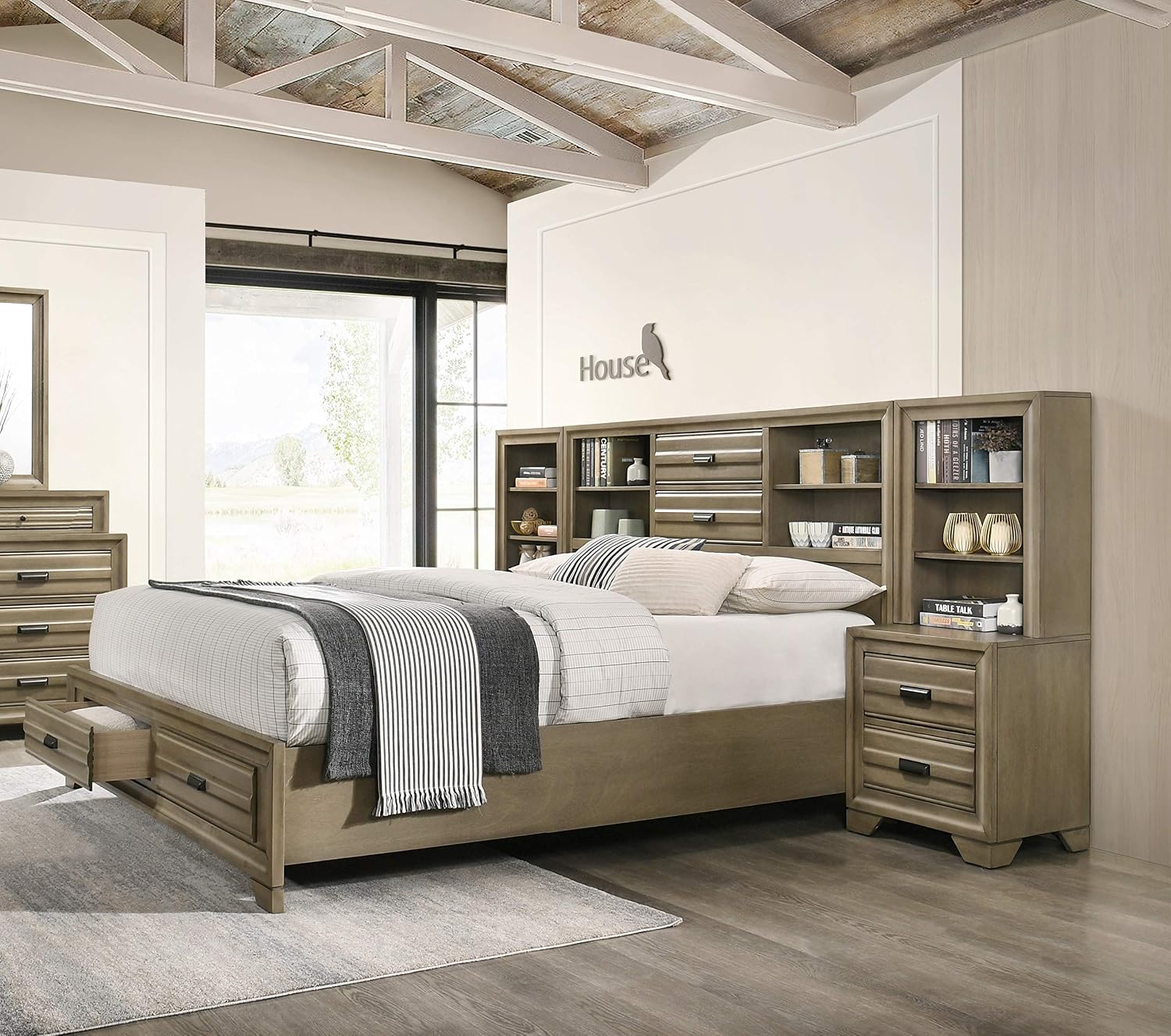 Roundhill Furniture Loiret Light Gray Finish Wood Storage Platform WallBed, King