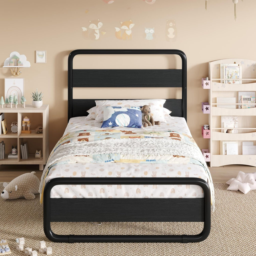 SHA CERLIN Twin Size Metal Bed Frame with Wooden Headboard and Footboard, Heavy Duty Oval-Shaped Platform Bed Frame with 10' Under-Bed Storage, Heavy Duty Slats Support, No Box Spring Needed, Black