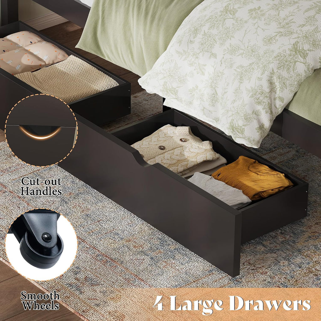 AMERLIFE Twin Bed Frame with Headboard, Platform Beds with 4 Storage Drawers, Wood Bed Frame for Bedroom, Wood Slats Support, Espresso