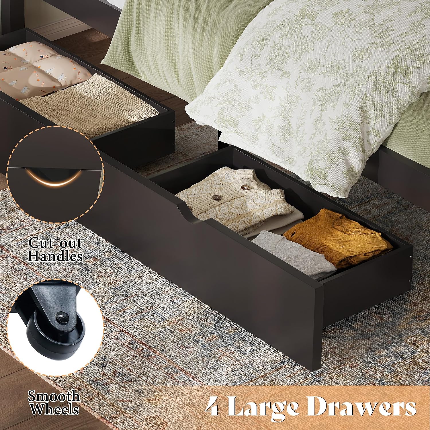 AMERLIFE Twin Bed Frame with Headboard, Platform Beds with 4 Storage Drawers, Wood Bed Frame for Bedroom, Wood Slats Support, Espresso