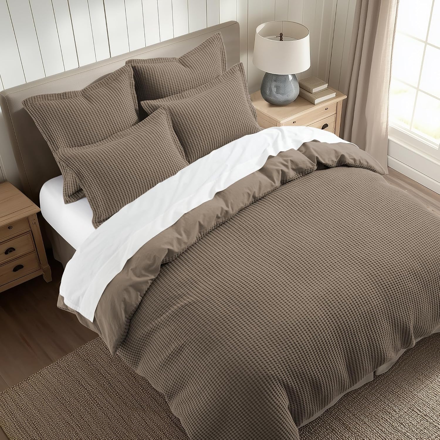 Levtex Home Mills Waffle Queen Duvet Cover Set (90x94in) with 2 Pillow Shams (26x20in) - Latte - 100% Cotton Queen Size Duvet Cover Set - Soft, Pre-Washed
