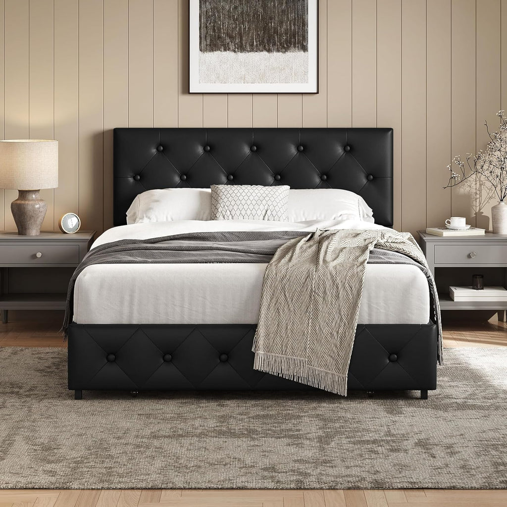 Yaheetech Full Bed Frame Upholstered Bed Frame with Adjustable Diamond Button-Tufted Headboard/3 Drawers Storage, Full Platform Bed/Strong Wooden Slats, Black Full Bed