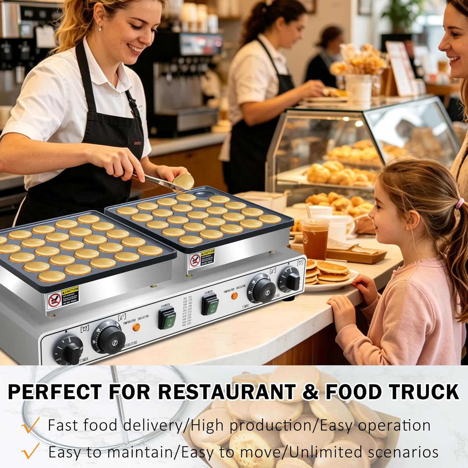 1900W Commercial 50PCS Mini Dutch Pancake Maker 110V, Dual-Zone Heating with Temp & Timer Control, Non-Stick Easy-Clean Teflon Plates, Heavy-Duty Stainless Steel Body for Home & Restaurant Use