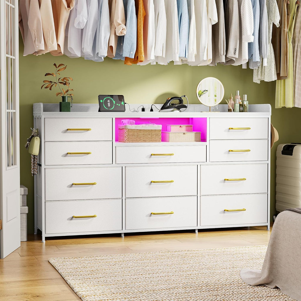 White Dresser for Bedroom with LED Lights & Charging Station & 4 Hooks 11 Drawer Dressers & Chests of Drawers Long Fabric Dresser TV Stand for 50 55 60 inch TV for Entryway 11.8'D x 47.2'W x 31.5'H