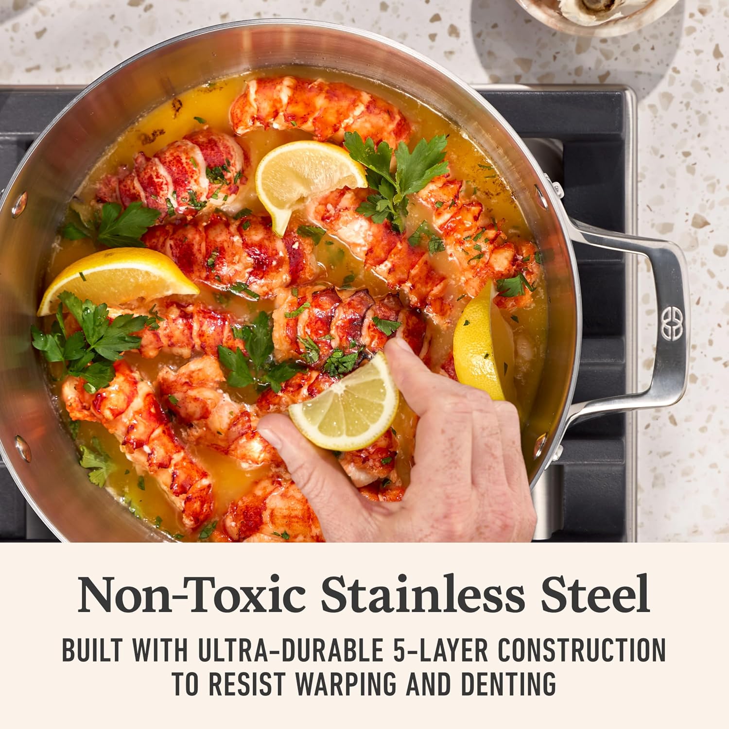 Calphalon Premier Polished 5-Ply Stainless Steel Cookware w/Turbo Heat Tech 6Qt Stock Pot with Lid, Induction, Oven Safe 500F, PFOA Free, Polished Stainless Silver