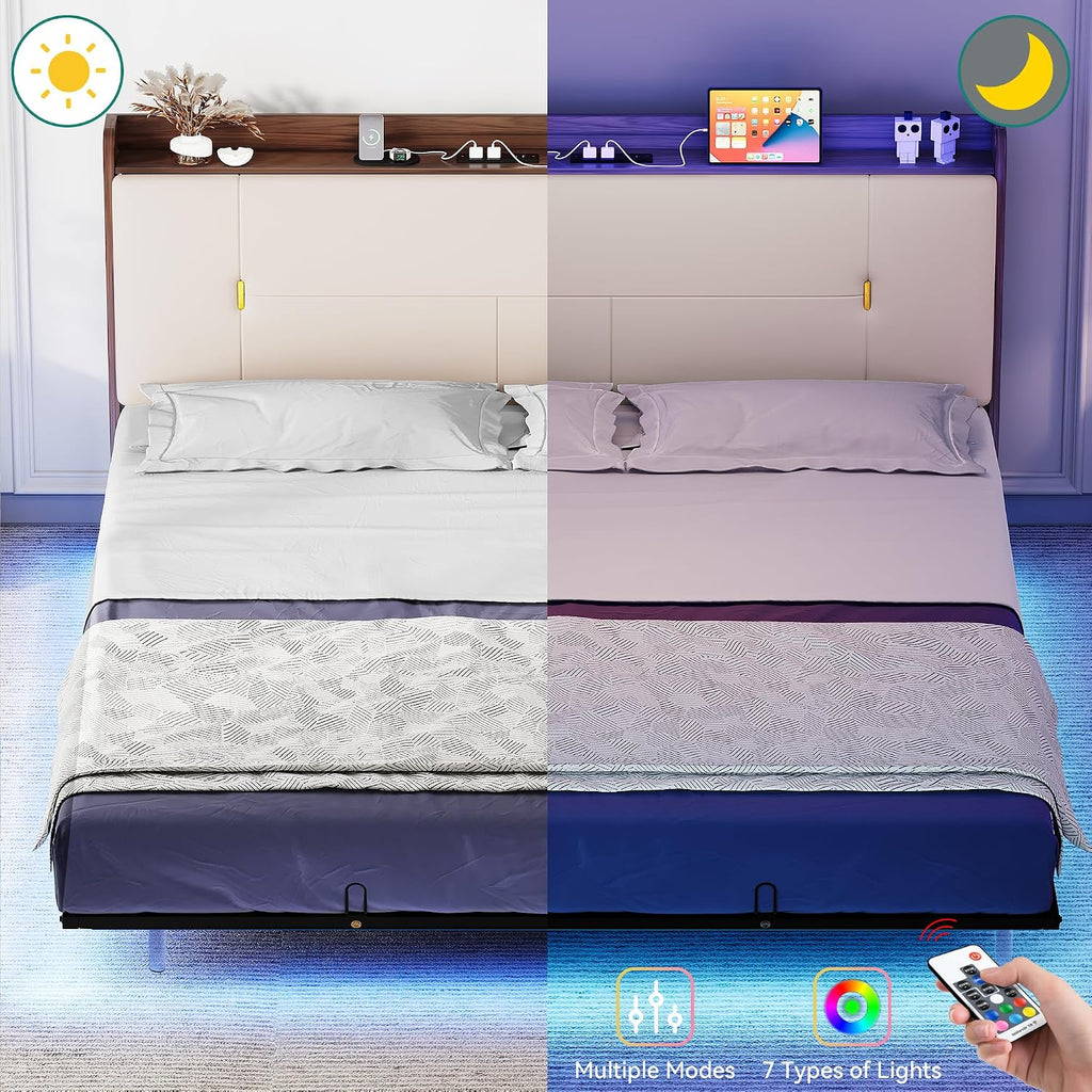 YITAHOME Queen Size Floating Bed Frame with Charging Station, PU Upholstered Platform Bed with 43.3'' Headboard, Hidden Storage, RGB LED Lights, No Box Spring Needed, Easy Assembly, Noise-Free, Beige