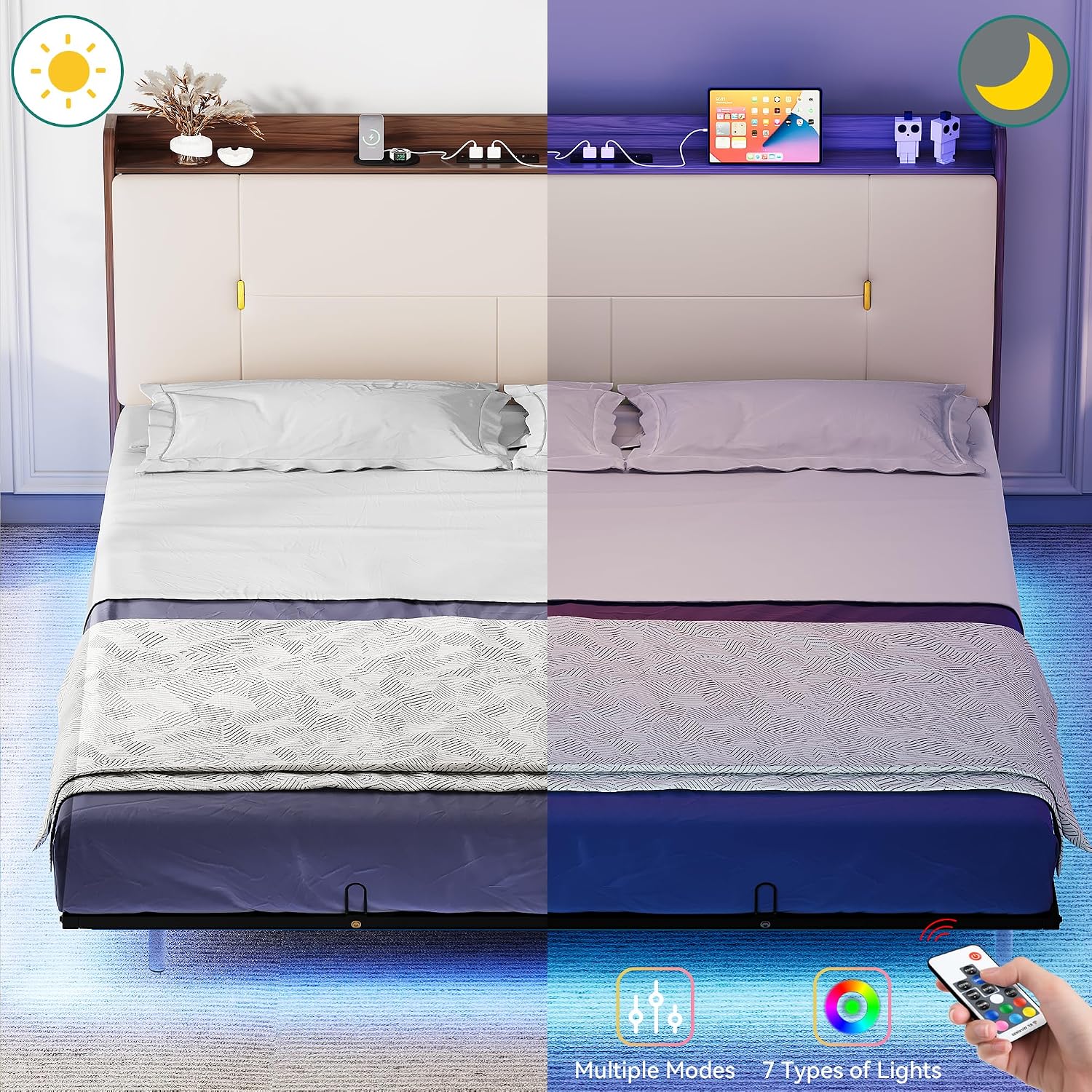 YITAHOME Queen Size Floating Bed Frame with Charging Station, PU Upholstered Platform Bed with 43.3'' Headboard, Hidden Storage, RGB LED Lights, No Box Spring Needed, Easy Assembly, Noise-Free, Beige