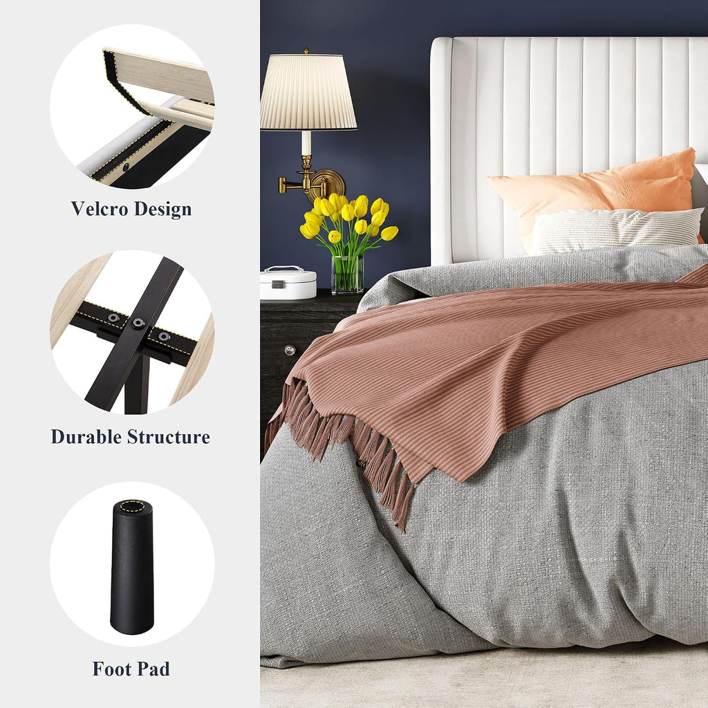 Allewie Queen Size Velvet Bed Frame/Vertical Channel Tufted Wingback Headboard/Upholstered Platform Bed/Strong Wooden Slats/No Box Spring Needed/Easy Assembly/White