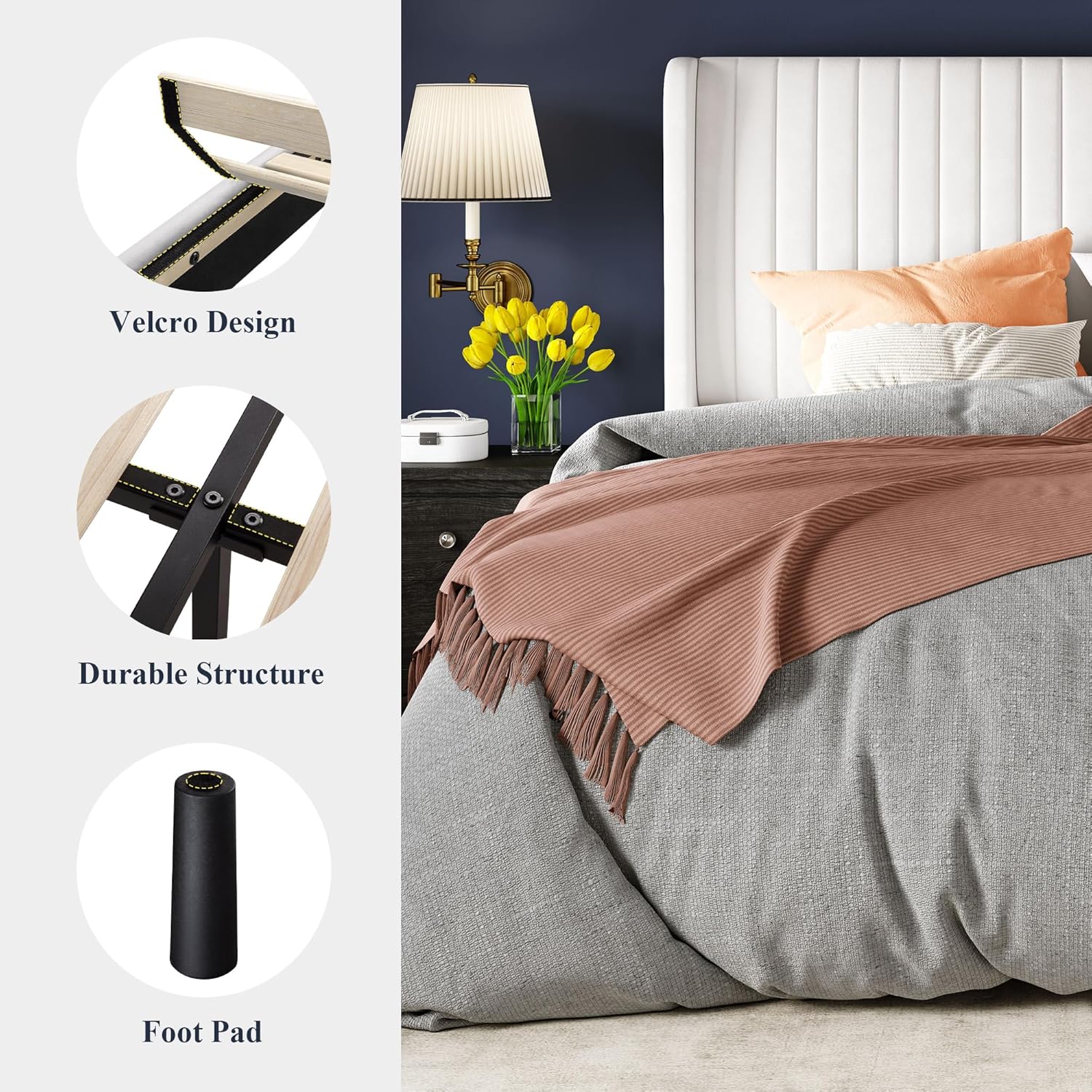 Allewie King Size Velvet Bed Frame/Vertical Channel Tufted Wingback Headboard/Upholstered Platform Bed/No Box Spring Needed/Strong Wooden Slats/Easy Assembly/White